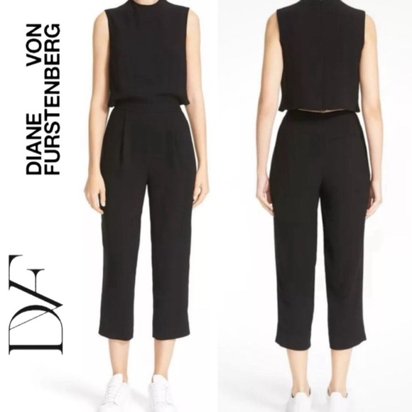 DIANE VON FURSTENBERG Tali Crop Top Open Back Cropped Wide Leg Jumpsuit black,12 - Picture 1 of 16